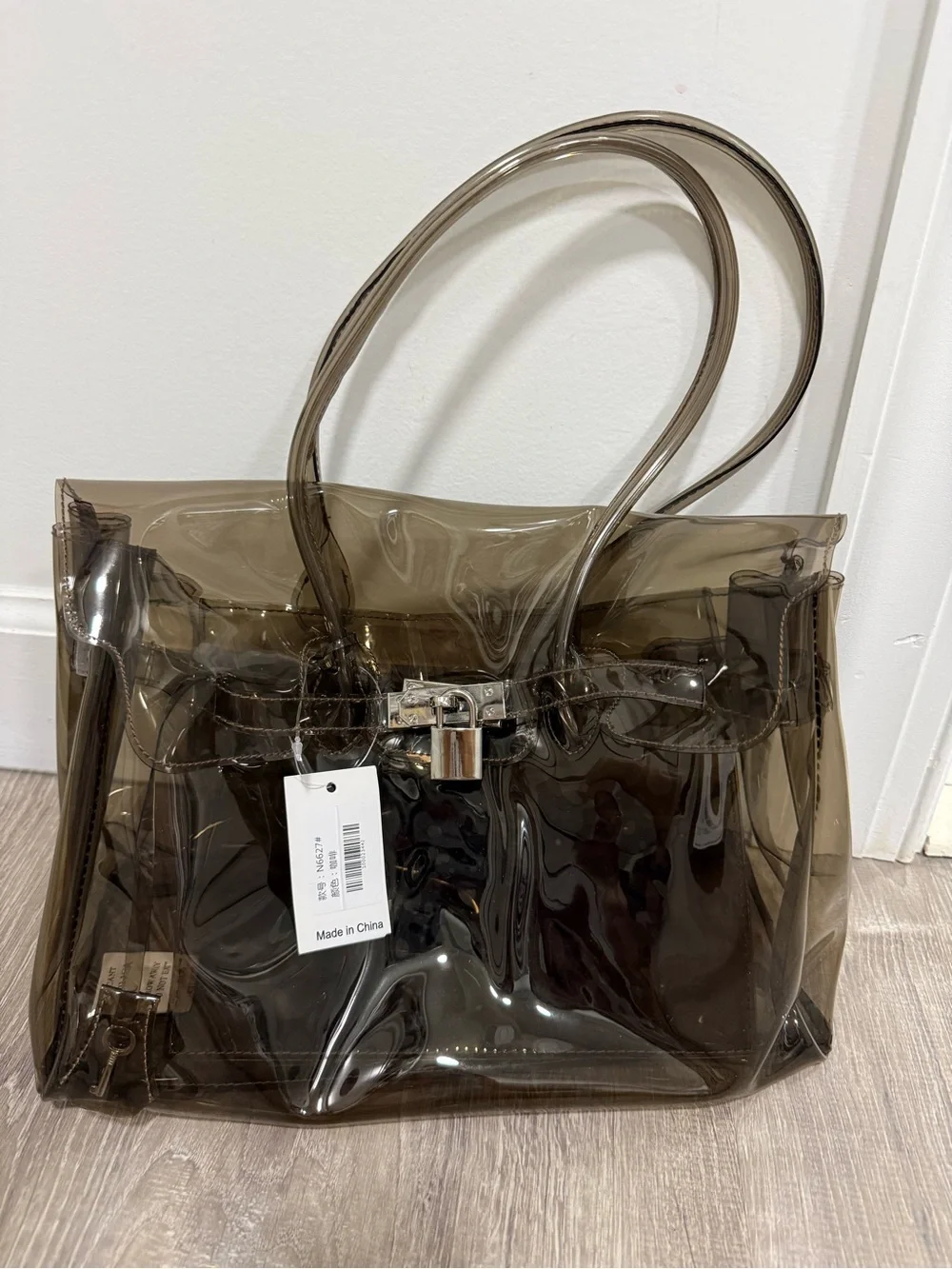 Smoky Brown Clear Jelly Tote Bag with Lock Accent